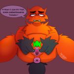 1:1 2025 animal_genitalia anthro anus bald black_blush black_hands black_tail blue_eyes blush dialogue dinosaur english_text eyebrows fangs female fur genital_slit genitals green_pubes hi_res kai_the_tyranowolf kais_studios looking_sideways open_mouth orange_body orange_fur prehistoric_species presenting pubes reptile scalie shaded simple_background solo speech_bubble spread_slit spreading tail teeth text vulva watermark
