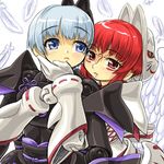  angel_wings bad_id bad_pixiv_id blue_eyes blue_hair busou_shinki dd_(ijigendd) doll_joints feathers fubuki_(busou_shinki) hand_on_another's_face hug hug_from_behind long_hair looking_at_another looking_at_viewer mask mizuki_(busou_shinki) multiple_girls ponytail red_eyes red_hair short_hair wings 