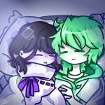  1boy 1girl black_hair blue_pillow blush closed_eyes colored_skin faydee green_hair green_hoodie green_shirt hair_over_one_eye holding_hands hood hoodie light_rays long_sleeves low_ponytail on_bed open_mouth original pillow ponytail purple_ribbon ribbon shirt short_sleeves sleeping turtleneck white_background white_blanket white_shirt white_skin 