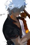  1boy 1girl absurdres back bun_cover closed_mouth commentary_request gintama hair_between_eyes high_collar highres holding imamuu_(imamoon) japanese_clothes kagura_(gintama) kimono orange_hair profile sakata_gintoki short_hair short_sleeves signature simple_background smile upper_body white_background white_kimono 