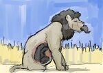 2012 almost_fully_inside anthro anthro_prey belly black_body black_fur black_mane blue_sky colored day duo eyes_closed felid feral feral_pred fur guide_lines head_first inside_stomach internal jeri_kleinlowe larger_pred lion male male/male mammal mane mephitid nude_feral nude_male nude_pred nude_prey oral_vore outside pantherine savannah_grass sitting size_difference skunk skunk_tail sky tail tan_body tan_fur vore willing_pred