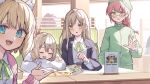  100_percent_orange_juice 4girls anger_vein annotated black_jacket blazer blonde_hair blue_eyes blush cardigan chuu_(orange_juice) closed_eyes collared_shirt crossed_arms green_jacket green_ribbon hair_ribbon haruka_(orange_juice) highres jacket kanata_(orange_juice) long_sleeves looking_at_viewer multiple_girls neck_ribbon official_art open_mouth pink_cardigan poyo_(orange_juice) red_hair red_ribbon ribbon safety_glasses shirt sleeping smile tsukino_(nakajimaseiki) white_shirt yellow_eyes 