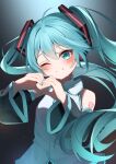  1girl :d absurdres aqua_eyes aqua_hair aqua_nails aqua_necktie aqua_trim bare_shoulders black_skirt blush breasts commentary detached_sleeves grin hatsune_miku head_tilt headset heart heart_hands highres long_hair looking_at_viewer necktie number_tattoo one_eye_closed pleated_skirt ryaru_ryaru shirt skirt small_breasts smile solo sweatdrop tattoo twintails upper_body very_long_hair vocaloid white_shirt wide_sleeves 