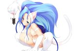  animal animal_ears bare_shoulders big_hair blue_eyes blue_hair breasts cat_ears cat_tail cleavage dangling dd_mayohara felicia holding long_hair medium_breasts mouse paws solo spread_legs tail vampire_(game) very_long_hair white_legwear 