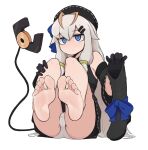 1girl armpit_crease bare_legs bare_shoulders barefoot black_boots black_dress black_gloves black_hat blue_bow blue_eyes blush boots bow cameltoe closed_mouth commentary commission detached_sleeves dress english_commentary feet feet_up foot_focus full_body gloves grey_hair hair_between_eyes hair_ornament hair_tubes hairclip hand_on_own_knee hat highres holding holding_boots holding_unworn_clothes knees_up long_hair looking_at_viewer on_ground original panties ringed_eyes short_hair simple_background sitting softhanten soles solo tail toenails toes underwear unworn_boots very_long_hair white_background white_panties wide_sleeves 