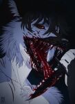 2024 anthro arm_tuft black_hair blood blood_in_mouth blood_string bodily_fluids canid canine cheek_tuft dated facial_tuft fur glistening glistening_eyes gore hair hi_res holding_knife holding_object knife looking_at_viewer male male_anthro mammal narrowed_eyes red_eyes riorix saliva saliva_string sharp_teeth shoulder_tuft solo teeth tuft white_body white_fur