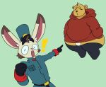 absurd_res animal_humanoid anthro bear belt bigbun_3 bulge bun-e clothed clothing duo exclamation_point eyes_closed fur gesture gloves hand_gesture handwear hat head_tuft headgear headwear hi_res humanoid jacket lagomorph lagomorph_humanoid legwear leporid leporid_humanoid male mammal mammal_humanoid oversized_clothing oversized_topwear overweight overweight_anthro overweight_male pantsless pointing pointing_at_another rabbit rabbit_humanoid slightly_chubby stockings surprised_expression tan_body tan_fur thick_thighs topwear tuft uniform wide_hips yellow_body yellow_fur