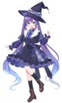  1girl :d black_hat black_socks blue_hair blush bond_en bondlive bow brown_shoes dress frilled_dress frills full_body gradient_hair hair_between_eyes hair_bow hat hibiscus_black long_hair long_sleeves looking_at_viewer multicolored_hair official_art open_mouth puffy_long_sleeves puffy_sleeves purple_bow purple_dress purple_eyes purple_hair shoes simple_background smile socks solo teeth tongue transparent_background twintails upper_teeth_only very_long_hair virtual_youtuber witch_hat 