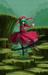  boots bow dress embellished_costume flying frills front_ponytail green_eyes green_hair hair_bow hair_ribbon highres juliet_sleeves kagiyama_hina long_hair long_sleeves looking_at_viewer petticoat puffy_sleeves rapuka red_dress ribbon solo touhou 