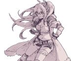  1girl ahoge amy_(another_eden) another_eden bandaged_leg bandages belt breasts cleavage clenched_hands closed_mouth coat collarbone commentary_request double-parted_bangs feet_out_of_frame fighting_stance floating_hair fur-trimmed_coat fur_trim gauntlets hair_between_eyes hair_ribbon hatching_(texture) large_breasts linear_hatching long_hair long_sleeves looking_ahead michibata_65 monochrome navel one_side_up open_clothes open_coat purple_theme ribbon serious short_shorts shorts simple_background solo standing stomach strapless tag tube_top v-shaped_eyebrows very_long_hair white_background 