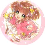  1girl 58_(scbaby) bloomers brown_hair cardcaptor_sakura chibi chibi_only dress green_eyes holding holding_wand kinomoto_sakura long_sleeves looking_at_viewer mary_janes open_mouth pantyhose pink_dress puffy_sleeves shoes solo twintails wand white_pantyhose 