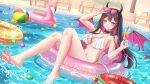 1girl :q absurdres artist_name ball barefoot beachball black_choker black_hair black_nails breasts chair choker cleavage closed_mouth demon_girl demon_horns demon_wings drinking_straw feet flamingo_innertube food fruit heart heart-shaped_eyewear highres horns hyuniebee_(vtuber) indie_virtual_youtuber innertube knees_together_feet_apart konyanart large_breasts legs long_hair multicolored_hair navel orange_(fruit) orange_slice pool purple_eyes purple_hair second-party_source soles solo streaked_hair striped_horns sunglasses swim_ring toes tongue tongue_out virtual_youtuber water wings 