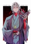 1boy antonio_salieri_(fate) antonio_salieri_(over_the_same_sky)_(fate) artist_name black_background border bridal_gauntlets closed_mouth copyright_name cowboy_shot fate/grand_order fate_(series) glint gradient_background grey_hair grey_kimono hair_between_eyes hand_up haori highres holding holding_mask japanese_clothes kimidorix32 kimono long_sleeves looking_at_viewer male_focus mask medallion medium_hair outside_border red_background red_eyes red_shirt shirt signature simple_background smile solo sparkle standing turtleneck undershirt unworn_mask white_border wide_sleeves 