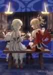  3girls arm_tattoo asymmetrical_legwear bandages bench blonde_hair boots chest_sarashi choker closed_eyes cup dango dated dress flower food food_stand full_body genshin_impact geta hadanugi_dousa hair_flower hair_ornament halo highres holding holding_cup holding_food japanese_clothes kimono lantern looking_at_another lumine_(genshin_impact) multiple_girls nail_polish open_mouth orange_kimono orange_nails paimon_(genshin_impact) pink_halo ponytail red_rope rope sanshoku_dango sarashi short_hair short_hair_with_long_locks single_bare_shoulder sitting tattoo thigh_boots tree_bowbow wagashi white_dress white_flower white_hair yatai yellow_eyes yoimiya_(genshin_impact) 