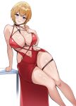  1girl alternate_breast_size alternate_costume blonde_hair blue_eyes breasts choker cleavage clothing_cutout cosplay curvy dress goddess_of_victory:_nikke highres huge_breasts looking_at_viewer maxwell_(nikke) navel navel_cutout red_dress red_hood_(nikke) red_hood_(nikke)_(cosplay) red_hood_(nonsense_red)_(nikke) short_hair solo strapless strapless_dress thick_thighs thighs white_background zeropen 