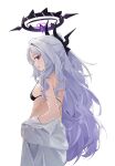  1girl absurdres ahoge black_bra black_halo blue_archive bra breasts demon_girl demon_horns demon_wings halo highres hina_(blue_archive) horns long_hair looking_at_viewer manjie open_mouth purple_eyes shirt small_breasts underwear white_hair white_shirt wings 