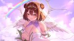  1girl absurdres artist_name blush breasts brown_eyes brown_hair cleavage cleavage_cutout closed_mouth clothing_cutout collarbone commentary detached_sleeves double_bun english_commentary flower hair_bun hair_flower hair_ornament halo highres indie_virtual_youtuber interlocked_fingers konyanart second-party_source sheffy_(vtuber) short_hair smile solo upper_body veil virtual_youtuber white_flower white_sleeves white_wings wings 