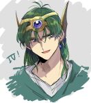  1boy :d aqua_tunic blue_eyes commentary_request dragon_quest dragon_quest_iv earrings fins forehead_protector fukusuu_(zeonms_06s) gem green_hair grey_background head_fins hero_(dq4) jewelry looking_to_the_side male_focus medium_hair open_mouth partial_commentary portrait purple_gemstone shirt simple_background single_earring smile solo tunic white_shirt 