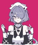  1boy 1girl :o arknights bare_shoulders between_breasts breasts bright_pupils cleavage commentary doctor_(arknights) eyepatch gloves hair_ornament hat highres hmrsh large_breasts male_doctor_(arknights) medical_eyepatch mini_person miniboy open_mouth pink_background purple_eyes simple_background strap sweatdrop upper_body whisperain_(arknights) white_gloves white_hat white_pupils x_hair_ornament 