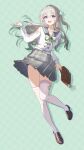  1girl absurdres bag black_hairband bow breasts brown_shoes collarbone firefly_(honkai:_star_rail) firefly_(spring_missive)_(honkai:_star_rail) full_body gradient_hair green_background green_bow grey_hair grey_skirt hair_between_eyes hair_ornament hairband highres holding holding_bag honkai:_star_rail honkai_(series) long_hair long_sleeves medium_breasts multicolored_hair official_alternate_costume open_mouth peachenvy pink_eyes school_bag school_uniform shirt shoes skirt smile solo thick_thighs thighhighs thighs white_shirt white_thighhighs 