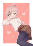  1girl absurdres ahoge araimelon black_pantyhose brown_eyes brown_shorts commentary english_commentary grin heart highres long_sleeves lying on_side onii-chan_wa_oshimai! outline oyama_mahiro pantyhose pantyhose_under_shorts pink_background pink_hair ribbed_shirt shirt short_hair short_shorts shorts simple_background smile smug solo white_outline white_shirt 
