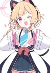  1girl ;d animal_ear_headphones animal_ears aqua_necktie black_coat black_skirt black_tail blonde_hair blue_archive blush bow buttons cat_ear_headphones cat_ears cat_tail coat collared_shirt commentary_request cowboy_shot double_v dress_shirt fake_animal_ears fake_tail frilled_skirt frills hair_bow halo hands_up hayoo_ww head_tilt headphones heart highres long_sleeves low-tied_sidelocks momoi_(blue_archive) multicolored_coat necktie off_shoulder one_eye_closed open_mouth parted_bangs pink_coat pink_eyes pink_halo pleated_skirt red_bow school_uniform shirt shirt_tucked_in short_hair sidelocks simple_background skirt smile solo suspender_skirt suspenders tail teeth unbuttoned upper_teeth_only v v-shaped_eyebrows white_background white_coat white_shirt wide_sleeves 