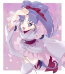  1girl absurdly_long_hair absurdres black_sandals border bow bow-shaped_hair cure_fortune cure_fortune_(anmitsu_komachi) detached_sleeves dot_nose dress earrings eyelashes frilled_kimono frilled_sleeves frills full_body hair_bow hand_on_own_head happinesscharge_precure! happy heart heart_earrings high_ponytail highres hikawa_iona japanese_clothes jewelry kimono light_blush long_hair long_sleeves magical_girl miniskirt official_alternate_costume okobo open_mouth outline outside_border parted_bangs petals pink_skirt platform_sandals pleated_skirt ponytail precure purple_background purple_eyes purple_hair purple_kimono purple_sleeves purple_thighhighs red_bow sandals shipu_(gassyumaron) short_dress skirt sleeveless sleeveless_kimono smile solo stud_earrings tabi thighhighs very_long_hair white_border white_outline wide_sleeves 