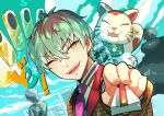  3boys :d amayado_rei aqua_hair argyle_clothes argyle_sweater_vest black_coat black_hair blue_outline blue_sky blurry cloud cloudy_sky coat coin collared_shirt contrast_collar crossed_bangs depth_of_field dog_bow_wow dotsuitare_hompo ear_piercing earrings eyewear_strap folded_fan folding_fan fur_coat gold hair_between_eyes hand_fan highres holding holding_fan houndstooth hypnosis_mic jacket jewelry koban_(gold) light_blush long_sleeves looking_at_viewer male_focus maneki-neko multicolored_hair multiple_boys necktie nurude_sasara one_eye_closed open_mouth orange_suit outline outstretched_arm piercing pink_necktie pointing pointing_at_viewer portrait shirt short_hair sky skyline smile solo_focus stud_earrings suit_jacket sweater_vest teeth tsutsujimori_rosho unusually_open_eyes v-shaped_eyebrows white_shirt wind wind_lift wispy_bangs yellow_eyes 