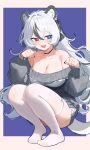  1girl :d absurdres animal_ears bare_shoulders black_choker black_nails black_streaks blue_background blue_eyes border breasts choker cleavage collarbone crossed_bangs grey_sweater heart heart_in_eye heterochromia highres indie_virtual_youtuber kalmia_lune large_breasts light_blush long_hair looking_at_viewer ms._tsu multicolored_hair off-shoulder_sweater off_shoulder paw_pose red_eyes second-party_source sidelocks smile solo squatting streaked_hair sweater symbol_in_eye tail thighhighs very_long_hair virtual_youtuber white_border white_hair white_thighhighs 