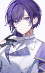  1girl asahina_mafuyu black_gloves bow braid breasts buttons collar frilled_collar frills glove_cutout gloves hair_bow hair_bun hand_up jacket lapels looking_at_viewer medium_breasts neck_ribbon official_alternate_costume official_alternate_hairstyle parted_lips project_sekai purple_eyes purple_hair ribbon shoulder_boards sidelocks single_hair_bun solo striped_ribbon upper_body white_background white_collar white_jacket yukiusagi_(yukiusagi_52) 