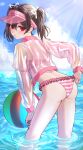  1girl absurdres adjusting_clothes adjusting_swimsuit ass ball beach beachball bikini black_hair cloud commentary day frilled_bikini frilled_bikini_bottom frills hat highres jacket jacket_over_swimsuit long_sleeves looking_at_viewer looking_back love_live! love_live!_school_idol_project ocean outdoors pink_bikini pink_hat pink_jacket red_eyes see-through_clothes see-through_jacket sky solo striped_bikini striped_clothes swimsuit twintails visor_cap water yazawa_nico zen.nico 
