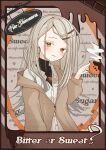  1girl absurdres alternate_costume blonde_hair blush border brown_border brown_coat casual character_name coat collared_shirt colored_eyelashes commentary_request cup earrings english_text eyelashes forehead gakuen_idolmaster grey_background hair_behind_ear hair_ornament hairclip hand_up highres holding holding_cup hoop_earrings idolmaster jewelry long_hair looking_at_viewer necklace open_clothes open_coat orange_eyes orange_ribbon parallel_hairclips parted_bangs parted_lips partially_unbuttoned ribbon shinosawa_hiro shirt simple_background smile solo straight_hair tanabata_natsuki turtleneck upper_body watermark white_shirt 