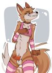 anthro armwear ball_tuft balls blush bottomless brown_body brown_eyes brown_fur canid canine canis cantio_(lawyerdog) clothed clothing collar coyote crop_top crossdressing digital_drawing_(artwork) digital_media_(artwork) erection femboy fur genitals grin humanoid_genitalia humanoid_penis legwear male mammal markings navel partially_clothed penis red_penis shirt smile solo star_(marking) tail tail_motion tailwag tan_body tan_fur topwear toxoglossa tuft