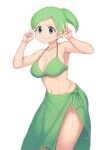  1girl armpits blue_eyes bra breasts cleavage green_bra green_hair green_sarong highres long_hair looking_at_viewer masou navel nichijou ponytail sarong shadow smile swimsuit thighs underwear v weboshii white_background 
