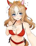  1girl animal_ears bikini blonde_hair blue_eyes blush breasts cleavage collarbone commentary_request cowboy_shot durandal_(umamusume) flying_sweatdrops from_above hair_between_eyes hand_on_own_chest highres horse_ears horse_girl horse_tail large_breasts layered_bikini long_hair multi-strapped_bikini_bottom multi-strapped_bikini_top multicolored_hair navel red_bikini side-tie_bikini_bottom simple_background smapy_sumataku solo stomach streaked_hair swimsuit tail textless_version umamusume white_background white_hair 