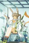  1girl absurdres amiya_(arknights) animal_ears aqua_eyes arknights arm_up backpack bag black_socks brown_hair chinese_commentary closed_mouth commentary_request dot_nose flower full_body green_shoes hat highres jacket kneehighs long_hair long_sleeves loning_(loning19920894) open_clothes open_jacket peaked_cap plant ponytail shirt shoes sitting smile sneakers socks solo stuffed_animal stuffed_toy turtleneck turtleneck_shirt white_flower white_hat white_jacket white_shirt 