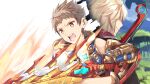  2boys aegis_sword_(xenoblade) blonde_hair blue_eyes bodysuit brown_hair commentary_request gloves male_focus monado multiple_boys open_mouth rex_(xenoblade) short_hair shulk_(xenoblade) smile sword weapon xenoblade_chronicles_(series) xenoblade_chronicles_1 xenoblade_chronicles_2 yappen 