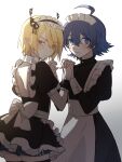  2boys ahoge alternate_costume apron black_thighhighs blonde_hair blue_eyes blue_hair blush bow crossdressing crossdressing_(mtf) enmaided gloves hair_between_eyes highres holding_hands horns long_sleeves looking_at_viewer maid maid_apron maid_headdress mairimashita!_iruma-kun multiple_boys puffy_long_sleeves puffy_sleeves shax_lead short_hair short_sleeves suzuki_iruma sweatdrop thighhighs white_background white_gloves yellow_eyes zake_(pixiv39811487) zettai_ryouiki 