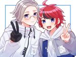 2boys aotsuki_eito black_gloves black_hair blue_eyes blush closed_mouth coat commentary_request glasses gloves grey_hair highres hood hood_down hoodie jacket long_sleeves looking_at_viewer male_focus momo_(momo_2muco) multicolored_hair multiple_boys open_clothes open_jacket open_mouth red_hair simple_background streaked_hair sumino_takumi the_hundred_line_-last_defense_academy- upper_body v white_coat white_hoodie 