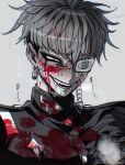  1boy blood blood_on_face chamuchai cracked_skin drooling earrings evil_grin evil_smile eye_print eyepatch eyeshadow face_piercing gakuran greyscale grin highres hole_in_chest hole_on_body jewelry labret_piercing last_defense_academy_school_uniform looking_up makeup male_focus monochrome omokage_yugamu piercing portrait print_eyepatch red_eyes school_uniform short_hair simple_background smile solo spot_color sweat the_hundred_line_-last_defense_academy- 