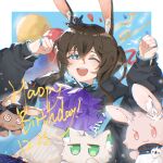  1girl ;d @_@ again_nuo amiya_(arknights) animal_ears animalization arknights ascot balloon black_jacket blue_background border brown_hair clenched_hands dated doctor_(arknights) hands_up highres hood hooded_jacket jacket jewelry kal&#039;tsit_(arknights) looking_at_viewer one_eye_closed open_mouth outside_border purple_ascot rabbit rabbit_ears rabbit_girl ring shirt simple_bird smile solo streamers theresa_(arknights) upper_body white_border white_shirt 