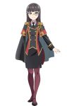  1girl aqua_eyes black_capelet black_hair black_jacket black_necktie black_shoes black_skirt blunt_bangs buttons capelet closed_mouth collared_shirt dia_(genjitsu_no_yohane) double-breasted epaulettes full_body genjitsu_no_yohane hair_intakes hair_ornament hairclip highres jacket kurosawa_dia long_hair long_sleeves looking_at_viewer love_live! love_live!_sunshine!! mary_janes medium_skirt mole mole_under_mouth monocle necktie official_art pantyhose pencil_skirt red_pantyhose shirt shoes simple_background skirt smile solo split_mouth standing tachi-e transparent_background white_shirt 