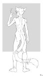 2025 absurd_res anthro bandage bandaged_tail cigarette cigarette_smoke cinder_marshall claws domestic_cat fangs felid feline felis female fur hair hi_res holding_cigarette holding_object jimfoxx mammal nude open_mouth rear_view signature skinny smoke solo standing tail teeth whiskers