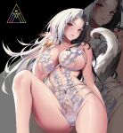  1girl artist_logo bikini black_hair breasts character_request commission copyright_request cup hair_ornament highres holding holding_cup large_breasts linea_alba logo long_hair mad_kimo multicolored_hair navel o-ring parted_lips pubic_tattoo red_eyes split-color_hair swimsuit tattoo thighs two-tone_hair two-tone_tail white_bikini white_hair 