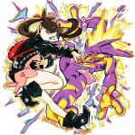  1girl absurdres backpack bag black_dress black_hair boots closed_mouth dress earrings electricity eudetenis floating_hair full_body green_eyes hair_ribbon highres jewelry marnie_(pokemon) open_hand outstretched_arm pink_dress poke_ball poke_ball_(basic) pokemon pokemon_(creature) pokemon_swsh ribbon short_dress stud_earrings toxtricity twintails 