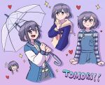  1girl bang_dream! bang_dream!_it&#039;s_mygo!!!!! blue_hoodie blue_jacket blue_overalls eggtempest hood hoodie jacket long_sleeves looking_at_viewer official_alternate_costume overalls purple_background purple_eyes purple_hair short_hair smile solo takamatsu_tomori umbrella 