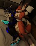 abdominal_bulge absurd_res anal anal_penetration archy_fox balls bodily_fluids canid canine canis cum cum_inflation cum_inside devious_grin dipstick_ears duo ear_markings erection eyeshadow fingerless_(marking) fingerless_gloves_(marking) fox from_behind_position fur fur_markings genital_fluids genitals gloves_(marking) glowing glowing_eyes glowing_genitalia glowing_penis glowing_tongue hand_on_hip hi_res inflation looking_pleasured lying makeup male male/male male_penetrated male_penetrating male_penetrating_male mammal markings multicolored_ears muscular nude on_bottom on_side open_mouth penetration penile penis sex smile spoon_position tail teeth tongue wolf zack_(character) zack_the_wolf