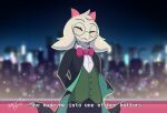 2025 4_fingers anthro biped black_tie_(suit) blush bottomwear bovid caprine clothed clothed_anthro clothed_male clothing darkner deltarune dialogue digital_drawing_(artwork) digital_media_(artwork) english_text eyes_closed eyewear fingers front_view fully_clothed fully_clothed_anthro fully_clothed_male fur glasses goat hi_res horn male mammal milodesty night outside pink_horn ralsei sky smile solo standing suit text topwear undertale_(series) white_body white_fur