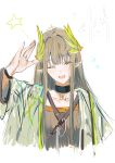  1girl ;d absurdres arknights arm_up ayatsuji_k black_choker blush brown_hair choker collarbone commentary_request cropped_torso elf grey_jacket highres jacket long_hair muelsyse_(arknights) one_eye_closed open_clothes open_jacket open_mouth pointy_ears salute sidelocks simple_background sketch smile solo star_(symbol) white_background yellow_eyes 