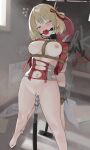  2girls absurdres arms_behind_back ball_gag bdsm blonde_hair bondage bottomless bound breasts brown_hair censored crossover dress english_commentary english_text facing_viewer gag gagged grey_dress hair_ribbon highres indoors judgement_armband_(toaru) large_breasts long_hair lycoris_recoil lycoris_uniform mosaic_censoring muffled multiple_girls navel nipples nishikigi_chisato one_bar_prison one_eye_closed red_dress red_eyes red_ribbon restrained ribbon saaal653 saliva second-party_source shibari shirai_kuroko short_hair sound_effects stationary_restraints teeth toaru_kagaku_no_railgun toaru_majutsu_no_index torn_clothes torn_dress two-tone_dress upper_teeth_only 